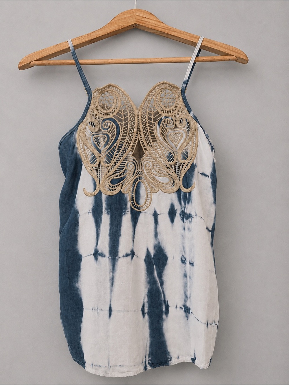 Morena Rosa Tie Dye Tank Top Womens Small Blue White Crochet Lace Boho Brazil